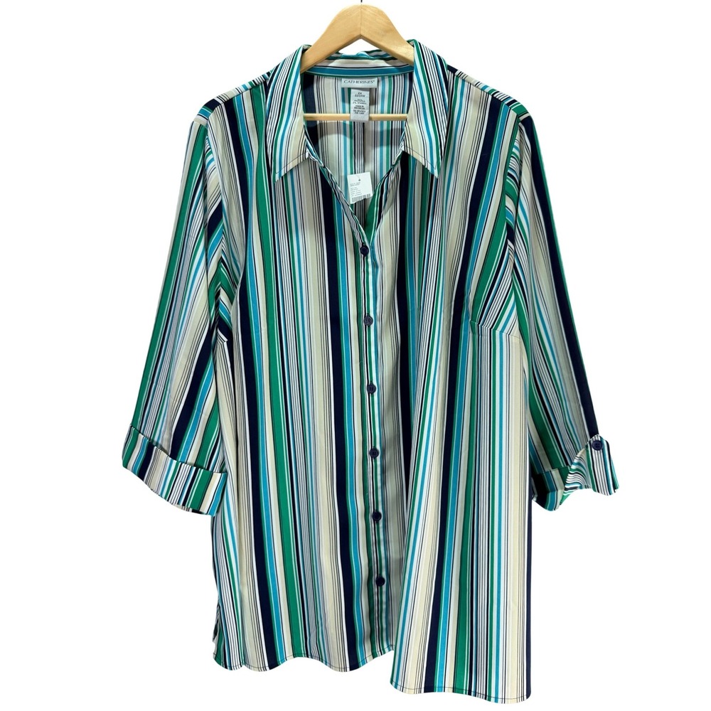 Catherines Button Front Blouse Plus 2X 22/24W Striped 3/4 Sleeves Coastal Work
